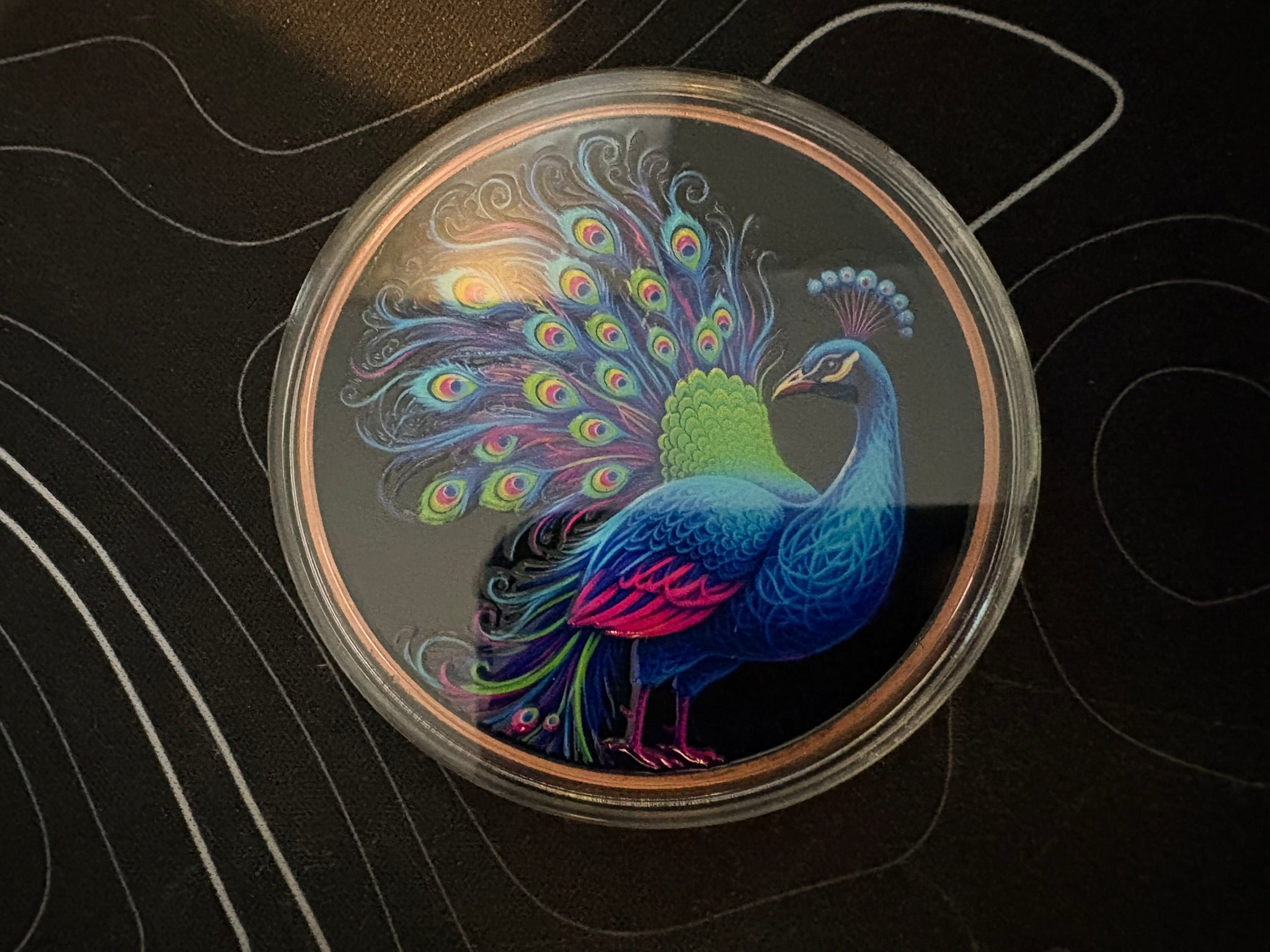 5oz Mystic Night Neon Peacock .999 Fine Colourised Copper Medal in Capsule