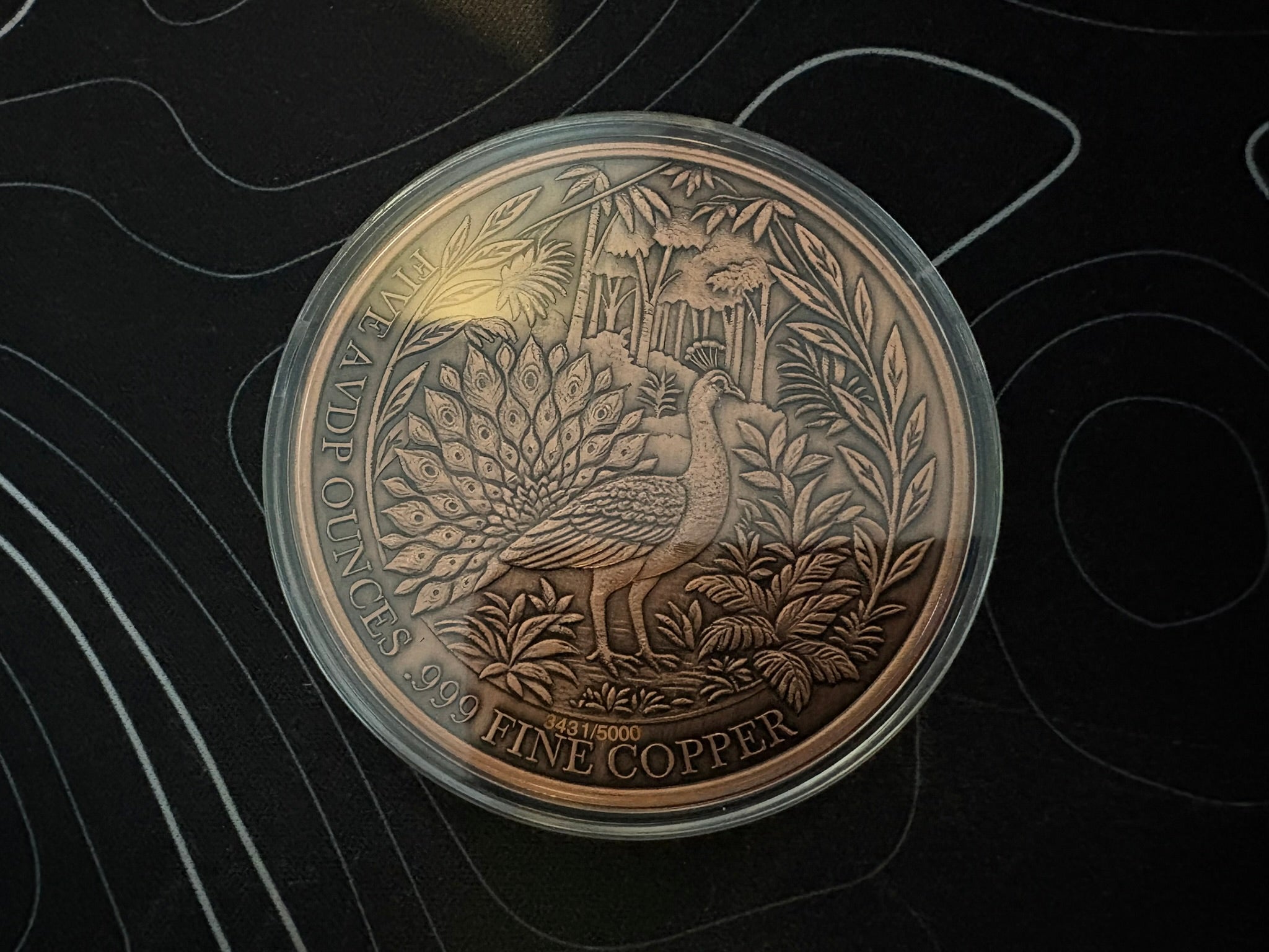 5oz Mystic Night Neon Peacock .999 Fine Colourised Copper Medal in Capsule