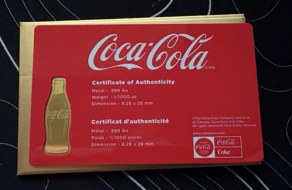 Coca Cola Gold Bottle 1/1000oz Collectable with Certificate Card | Gems Bullion